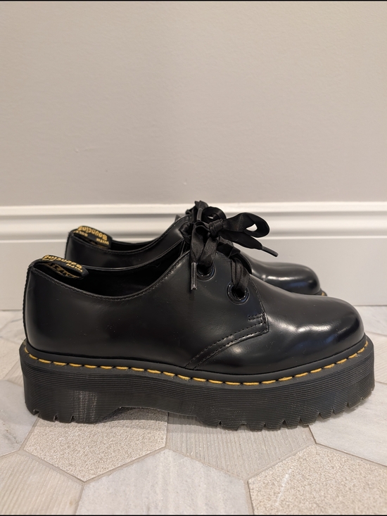 Dr. Martens Black Platform Lace-Up Oxfords with Yellow Stitching